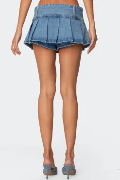 Denim Pleated Low Rise Micro Skort