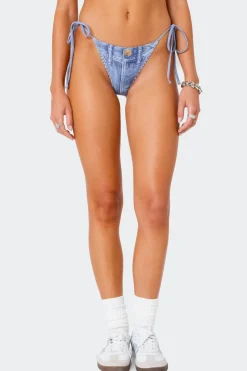 Denim Printed String Bikini Bottom