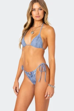 Denim Printed Triangle Bikini Top