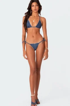 Didi Distressed Denim String Bikini Bottom