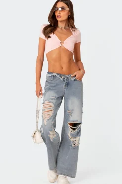 Distressed Fold Over Boyfriend Jeans
