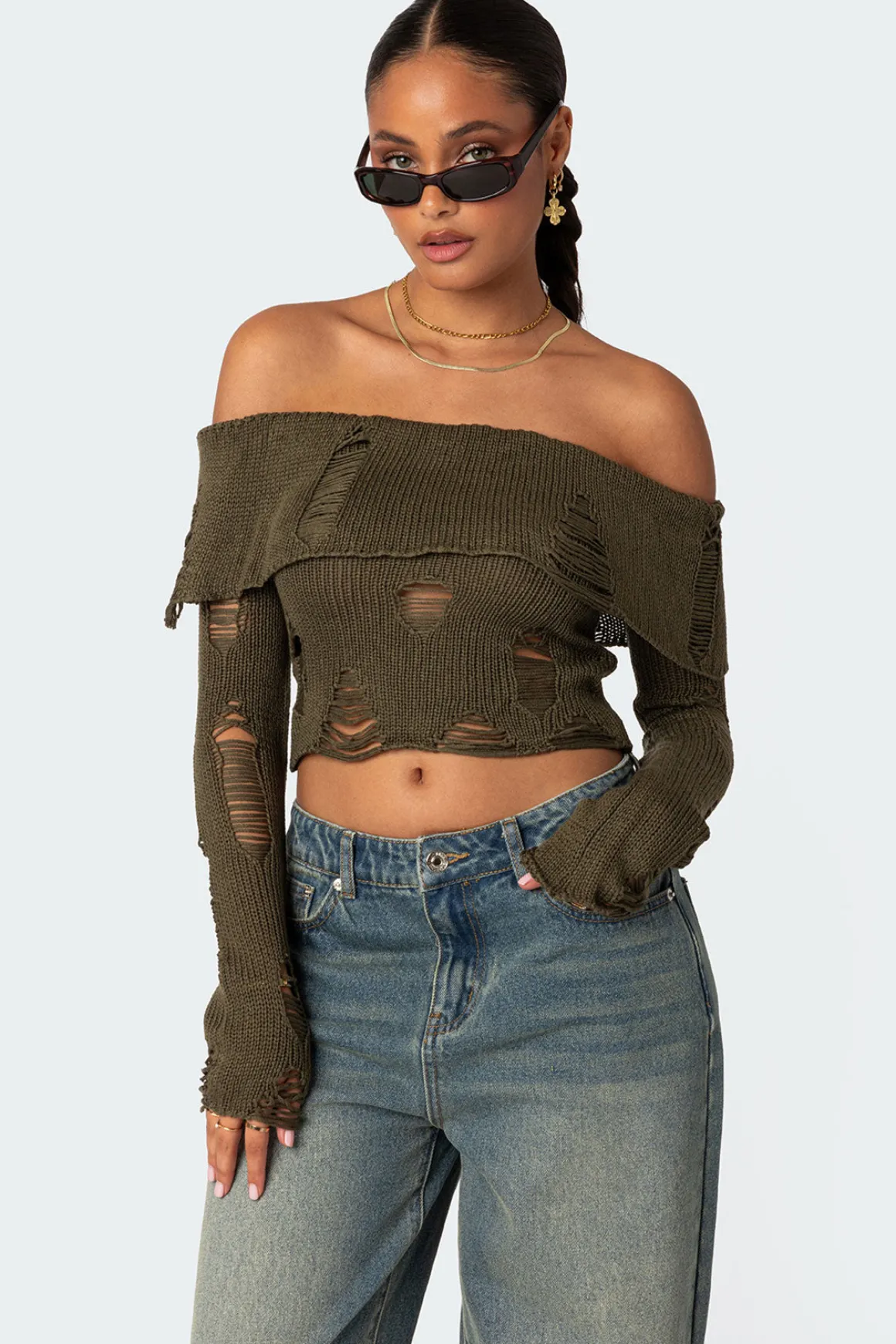 Distressed Fold Over Sweater
