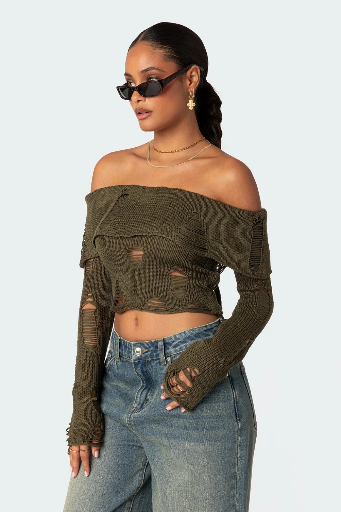 Distressed Fold Over Sweater