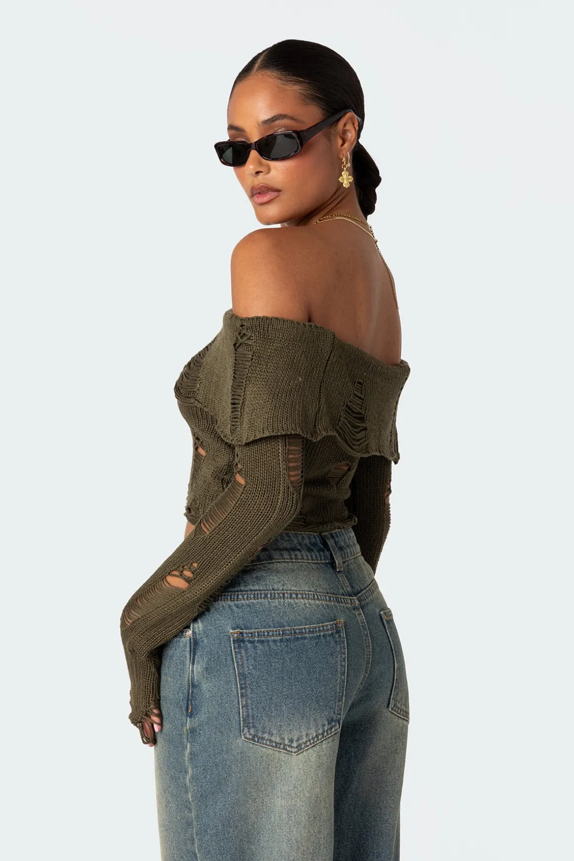 Distressed Fold Over Sweater
