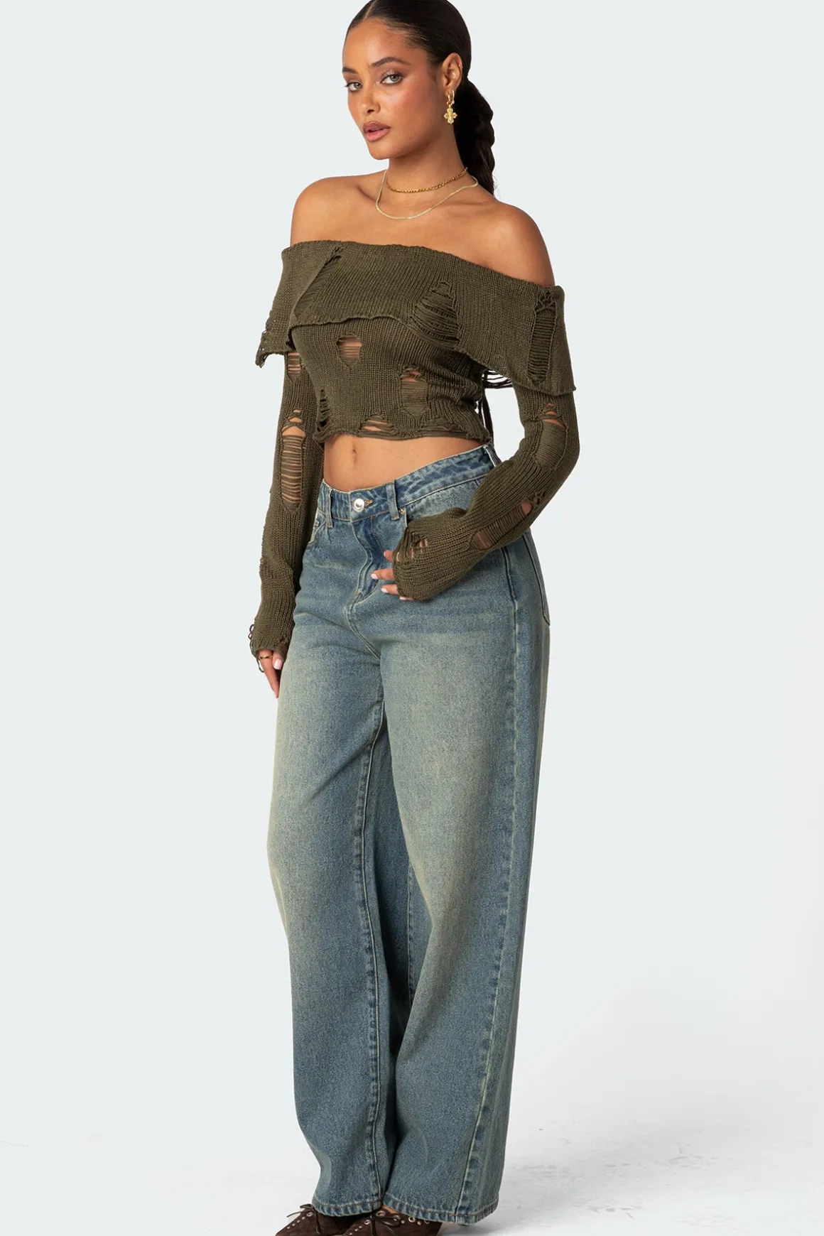 Distressed Fold Over Sweater