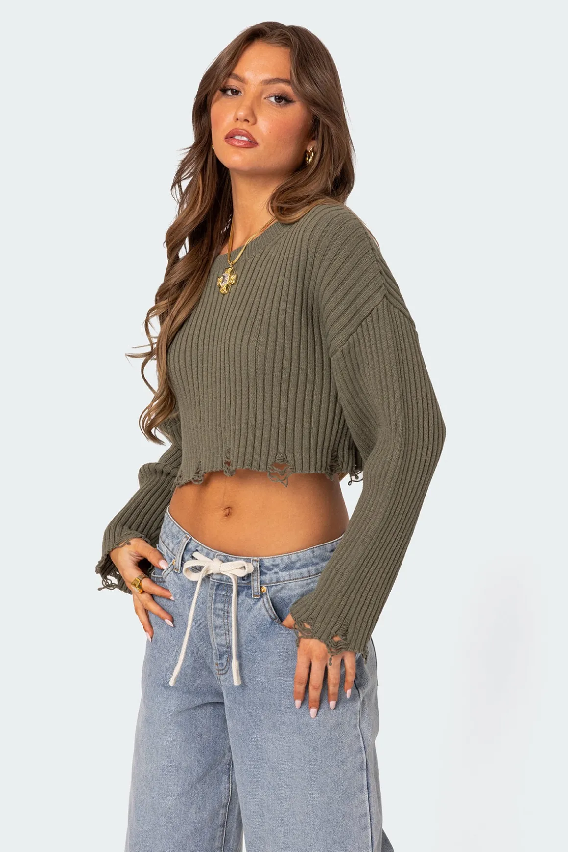 Distressed Hem Oversized Cropped Sweater