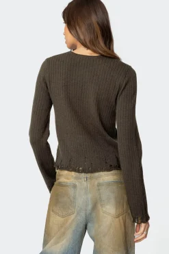 Distressed Ribbed Knit Sweater