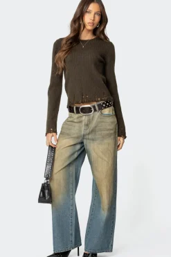 Distressed Ribbed Knit Sweater