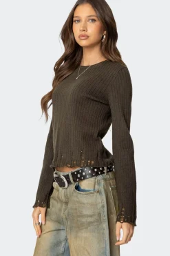 Distressed Ribbed Knit Sweater