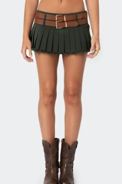 Double Belt Pleated Denim Micro Skort