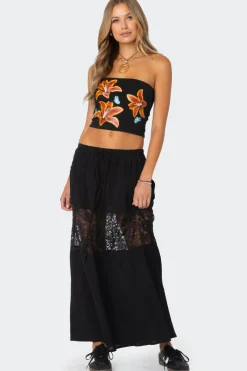 Double Tie Lace Panel Maxi Skirt