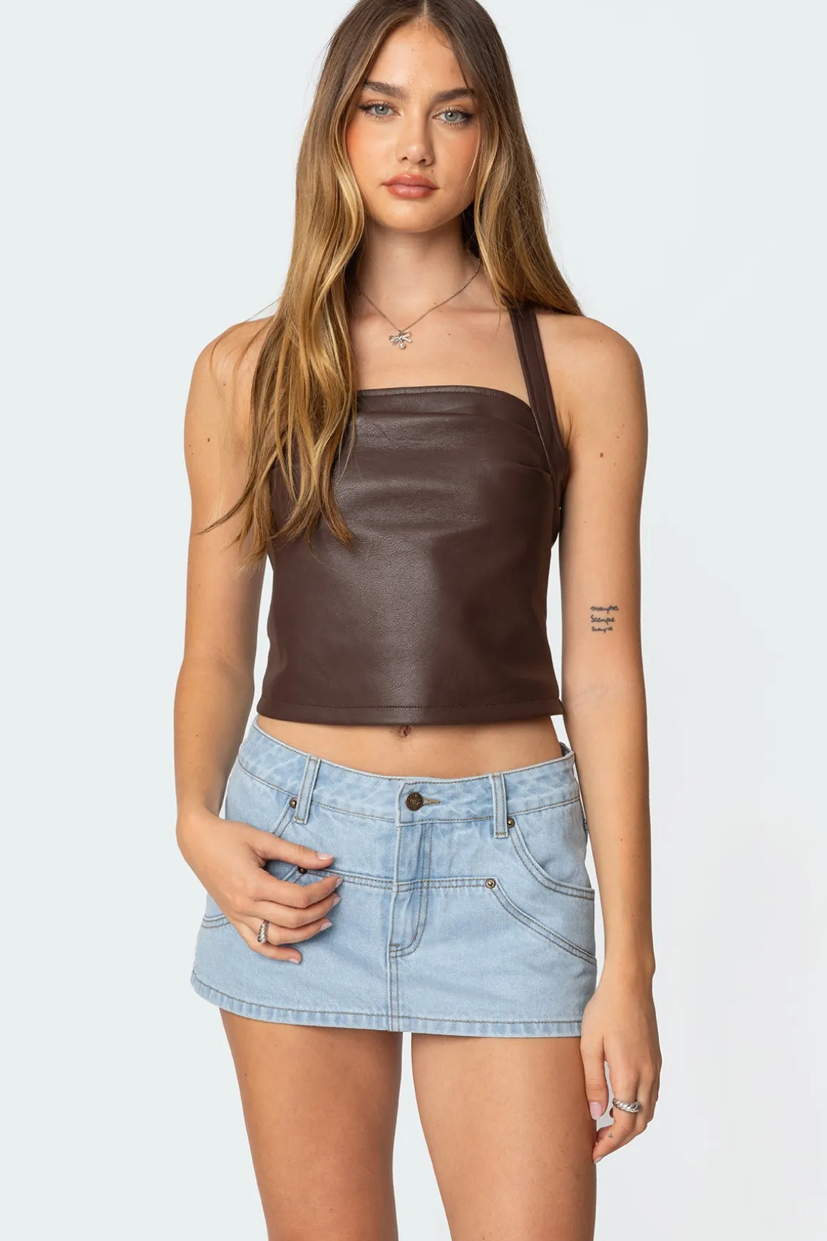 Draped Faux Leather Halter Top