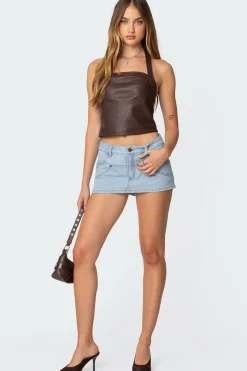 Draped Faux Leather Halter Top