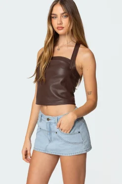 Draped Faux Leather Halter Top