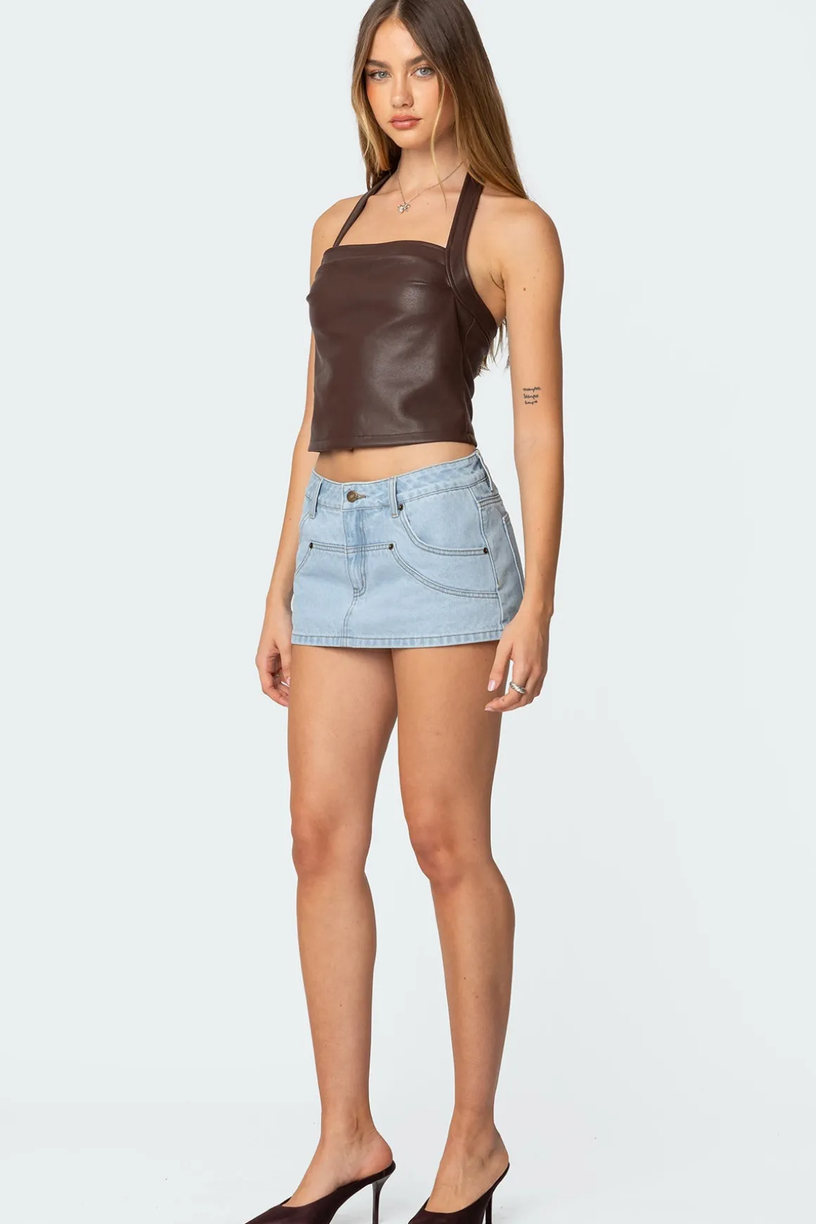 Draped Faux Leather Halter Top