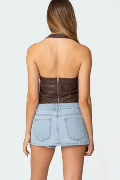 Draped Faux Leather Halter Top