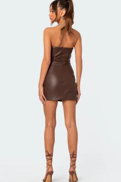 Draped Faux Leather Mini Dress