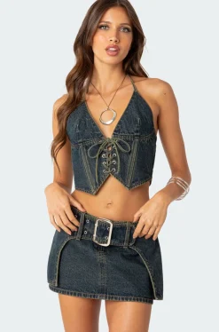 Elara Washed Denim Lace Up Corset