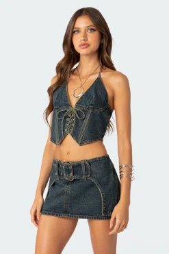 Elara Washed Denim Lace Up Corset