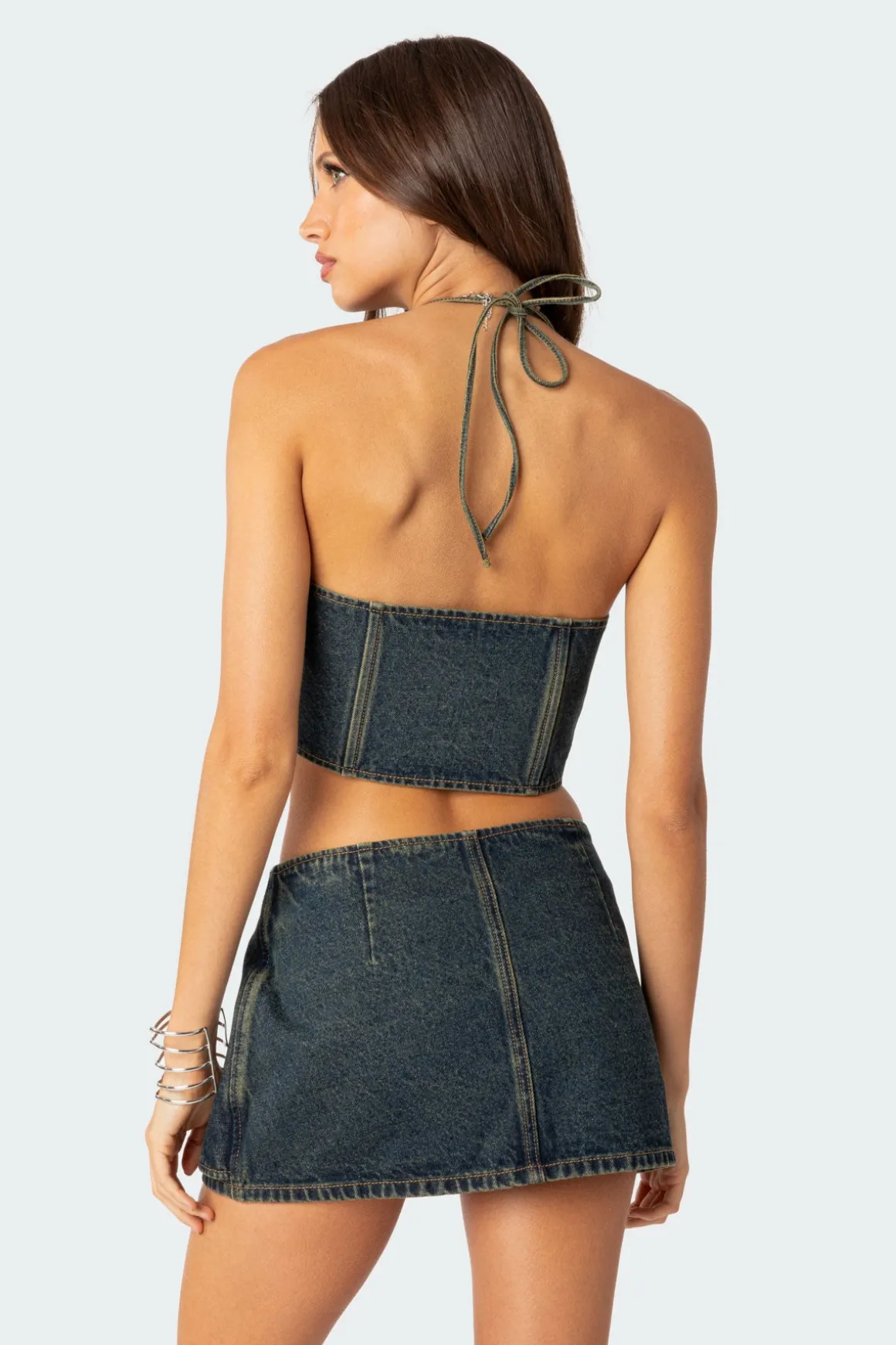 Elara Washed Denim Lace Up Corset