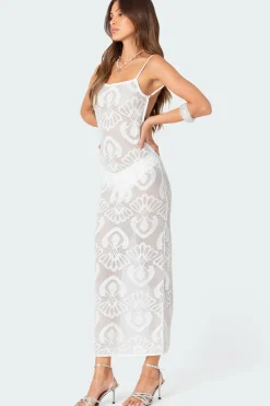 Embroidered Backless Sheer Knit Maxi Dress