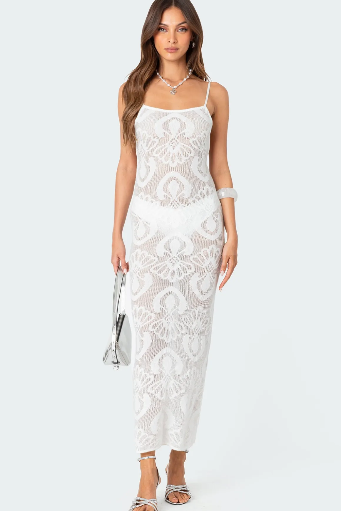 Embroidered Backless Sheer Knit Maxi Dress