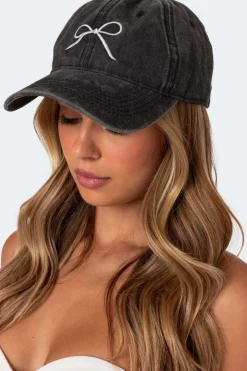 Embroidered Bow Washed Baseball Cap