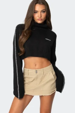 Embroidered Edge Cropped Turtle Neck Sweater