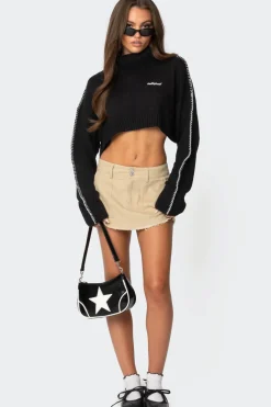 Embroidered Edge Cropped Turtle Neck Sweater