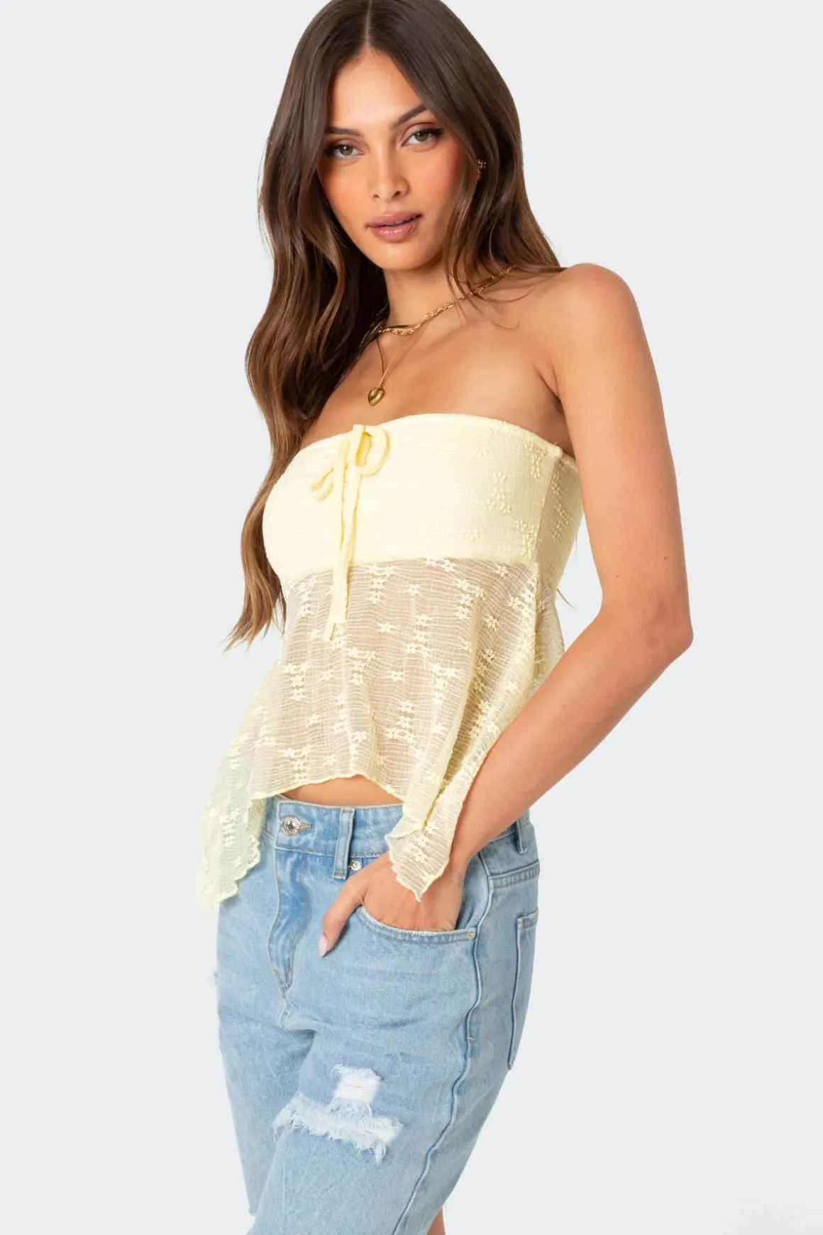 Embroidered Sheer Strapless Top