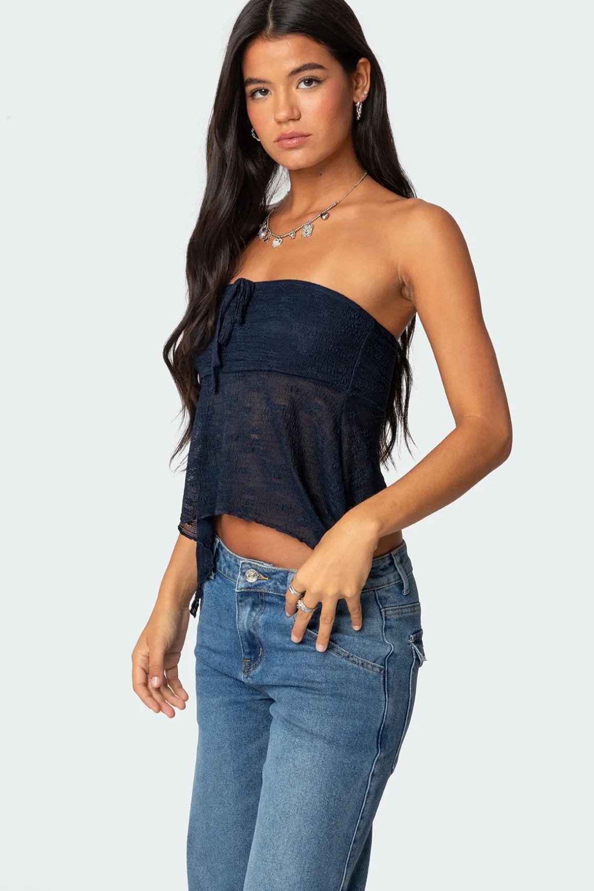 Embroidered Sheer Strapless Top