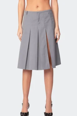 Ethel Side Slit Pleated Midi Skirt