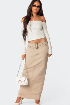 Evangeline Belted Denim Maxi Skirt
