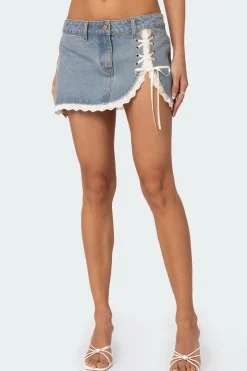 Eyelet Lace Up Denim Mini Skirt