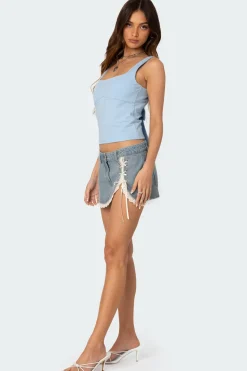 Eyelet Lace Up Denim Mini Skirt