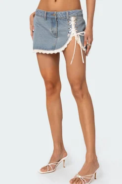 Eyelet Lace Up Denim Mini Skirt