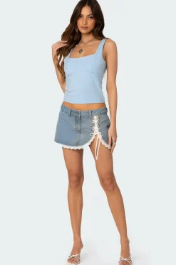 Eyelet Lace Up Denim Mini Skirt