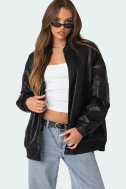 Faux Leather Oversized Bomber Jacket
