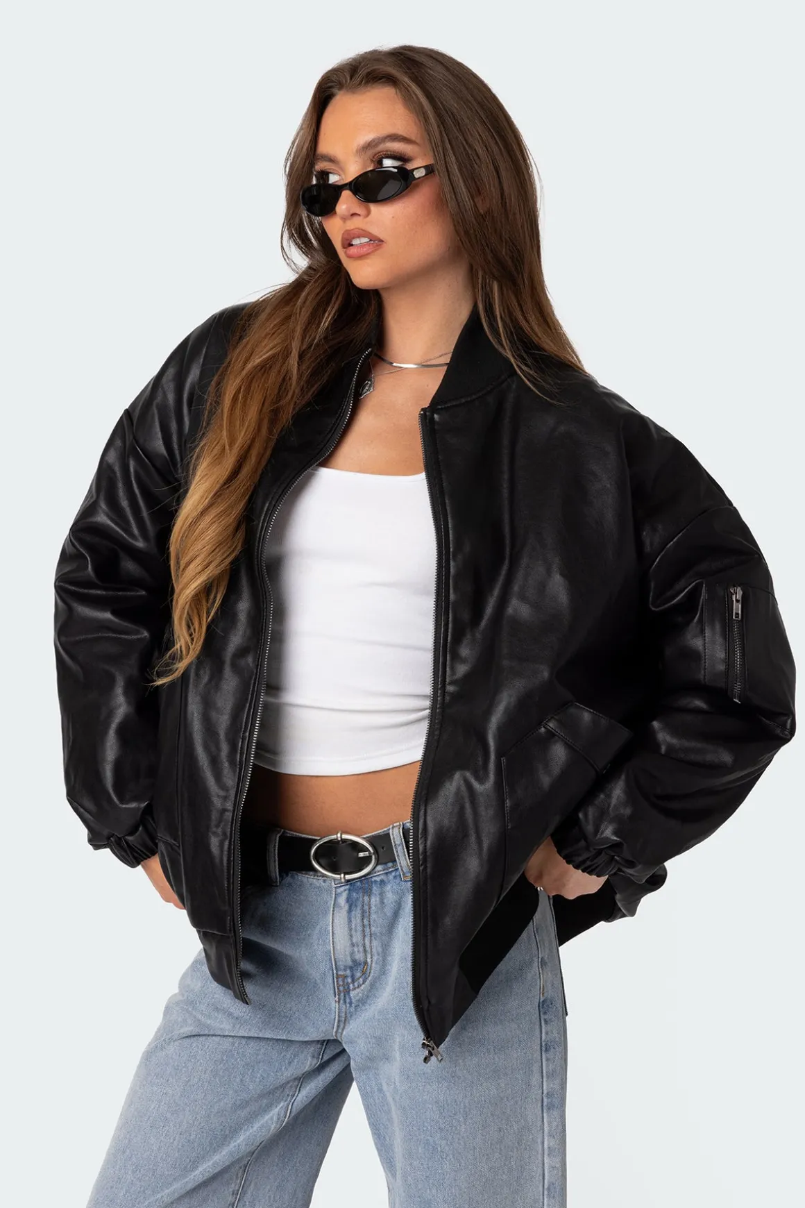Faux Leather Oversized Bomber Jacket
