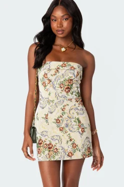 Floral Tapestry Lace Up Mini Dress