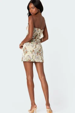 Floral Tapestry Lace Up Mini Dress