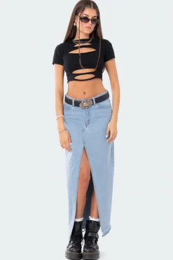 Front Slit Maxi Denim Skirt