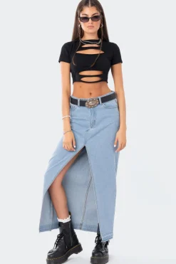 Front Slit Maxi Denim Skirt