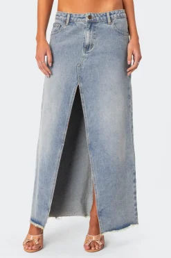 Front Slit Washed Denim Maxi Skirt