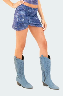 Gathered Denim Printed Mesh Skirt