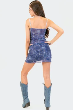 Gathered Denim Printed Mesh Skirt