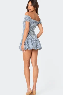Gingham Off Shoulder Bubble Mini Dress