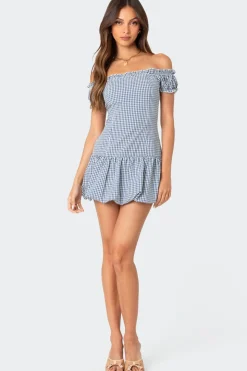 Gingham Off Shoulder Bubble Mini Dress