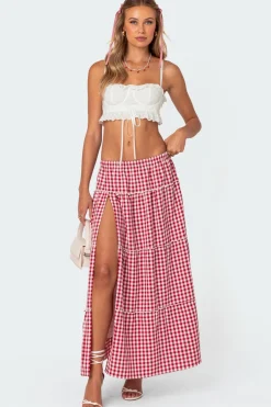 Gingham Side Slit Tiered Maxi Skirt