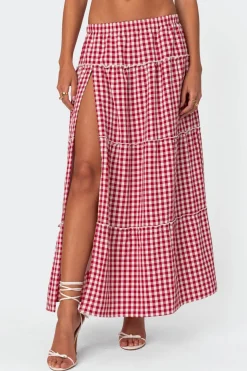Gingham Side Slit Tiered Maxi Skirt